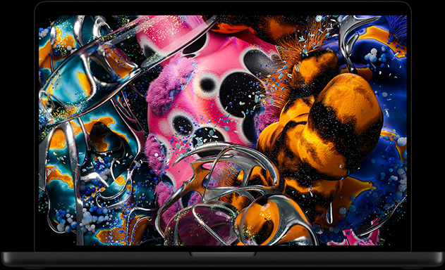 MacBook Pro with PROLED XDR Display, space black colour, display shows a detailed image with high contrast and vivid colours