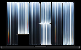 MacBook Pro with PROLED XDR Display, space black colour, open, screen shows ribbonlike objects densely patterned with glowing stripes of various widths, spelling the word Pro
