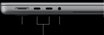 MacBook Pro with PROLED XDR Display, silver colour, closed, left side, showing the following ports: MagSafe 3, two Thunderbolt 5 and 3.5mm headphone jack
