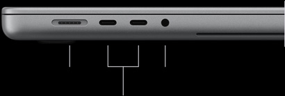 MacBook Pro with PROLED XDR Display, silver colour, closed, left side, showing the following ports: MagSafe 3, two Thunderbolt 5 and 3.5mm headphone jack