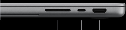 MacBook Pro with PROLED XDR Display, silver colour, closed, right side, showing three ports: SDXC, Thunderbolt 5 and HDMI