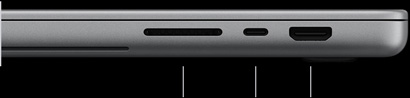 MacBook Pro with PROLED XDR Display, silver colour, closed, right side, showing three ports: SDXC, Thunderbolt 5 and HDMI