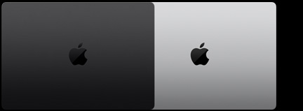 Parte externa de dois modelos de MacBook Pro de 14 polegadas mostrando as duas cores disponíveis