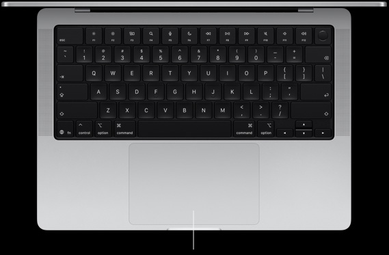 Imagem de cima do MacBook Pro de 14 polegadas mostrando o trackpad Force Touch localizado abaixo do teclado.