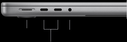 MacBook Pro de 14 polegadas com chip M5. O computador está fechado, mostrando na lateral esquerda a porta MagSafe 3, duas portas Thunderbolt 4 e a entrada para fones de ouvido