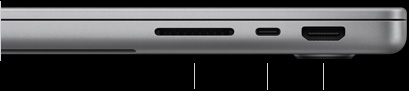 MacBook Pro de 14 polegadas com chip M5. O computador está fechado, mostrando na lateral direita o slot para cartão SDXC, uma porta Thunderbolt 4 e a porta HDMI