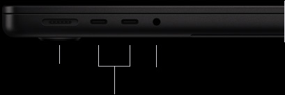 MacBook Pro de 14 polegadas com chip M5 Pro ou M5 Max. O computador está fechado, mostrando na lateral esquerda a porta MagSafe 3, duas portas Thunderbolt 5 e a entrada para fones de ouvido.
