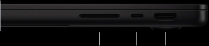 MacBook Pro de 14 polegadas com chip M5 Pro ou M5 Max. O computador está fechado, mostrando na lateral direita o slot para cartão SDXC, uma porta Thunderbolt 5 e a porta HDMI.