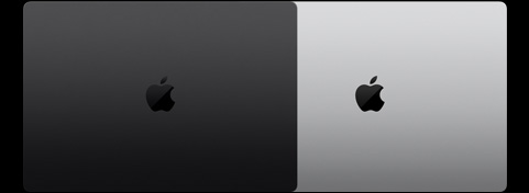 Parte externa de dois modelos de MacBook Pro de 16 polegadas mostrando as duas cores disponíveis.