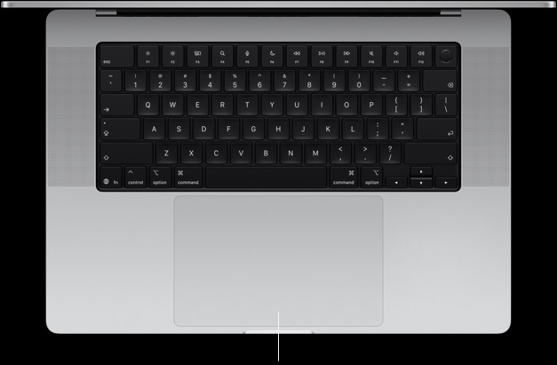 Imagem de cima do MacBook Pro de 16 polegadas mostrando o trackpad Force Touch localizado abaixo do teclado.
