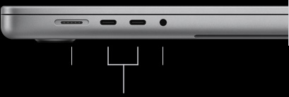 MacBook Pro de 16 polegadas. O computador está fechado, mostrando na lateral esquerda a porta MagSafe 3, duas portas Thunderbolt 5 e a entrada para fones de ouvido.