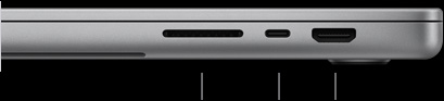 MacBook Pro de 16 polegadas. O computador está fechado, mostrando na lateral direita o slot para cartão SDXC, uma porta Thunderbolt 5 e a porta HDMI.