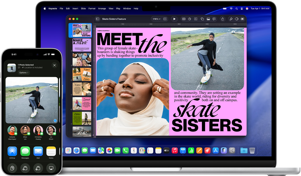 Un iPhone 16 Plus con la app Fotos abierta, una MacBook Air de 13 pulgadas con una diapositiva de Keynote abierta, la misma foto que está en el iPhone aparece en la diapositiva