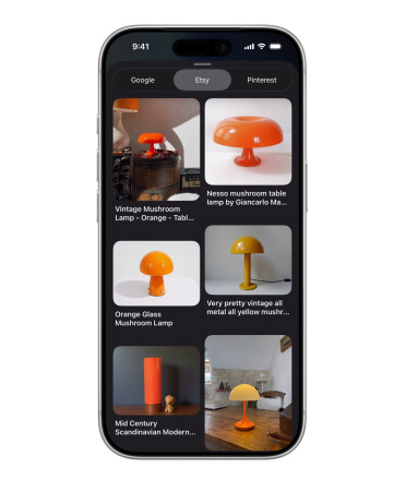iPhone menampilkan grid gambar yang memperlihatkan berbagai lampu berbentuk jamur dari Etsy, di samping tab Google dan Pinterest