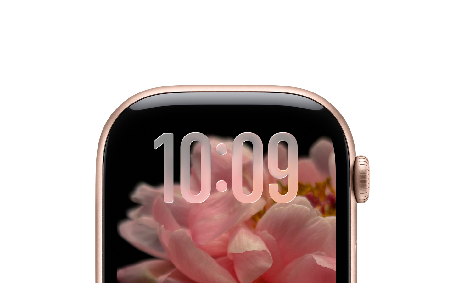 Apple Watch i roséguld utan armband, endast den övre delen av urtavlan, halvgenomskinligt klockslag i Liquid Glass längst upp