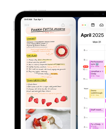iPad, colocado na horizontal, com o canto superior esquerdo do ecrã a mostrar as apps Notas e Calendário dispostas lado a lado para exemplificar a organização de janelas em mosaico