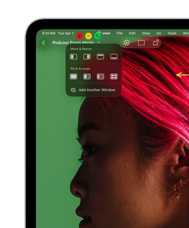 Controlos da janela, com botão vermelho para fechar, botão amarelo para minimizar e botão verde para ampliar a janela, assim como opções para mover e redimensionar ou organizar as janelas
