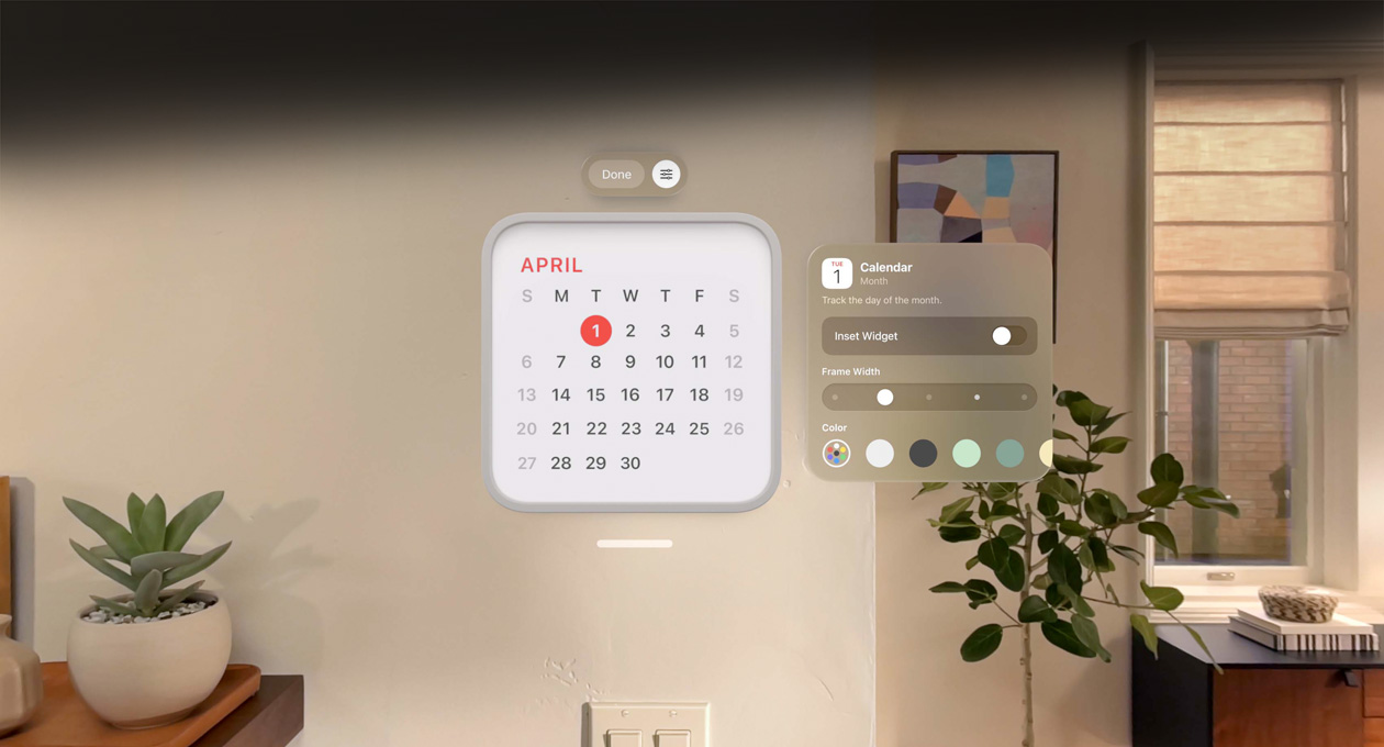 Calendar widget reading 1st April floats on wall, reminder widget above, personalisation options to change frame thickness and colour to right