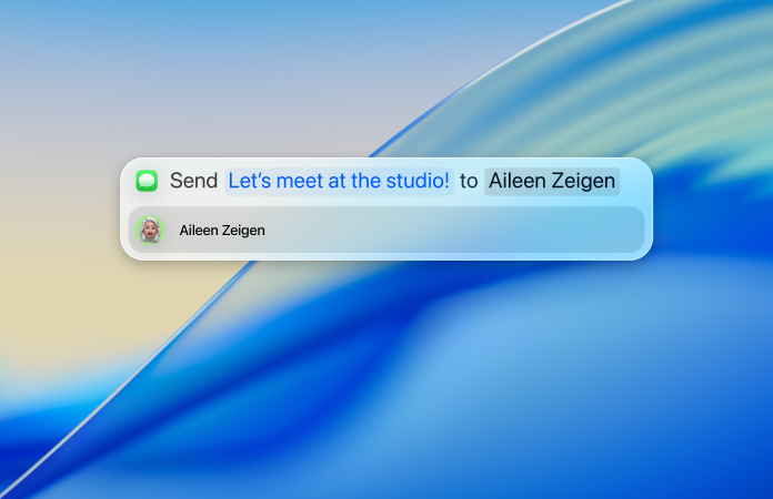 사용자가 Spotlight 내에서 메시지 앱을 통해 보낼 문자 메시지를 입력하는 모습