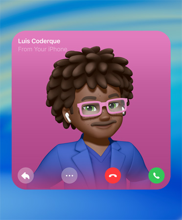 FaceTime Contact Poster, Genmoji in center, person’s name top left, icons for reply, more options, hang up, and pick up on the bottom