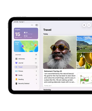 왼쪽에 일기 앱이 표시된 가로 방향 iPad 화면