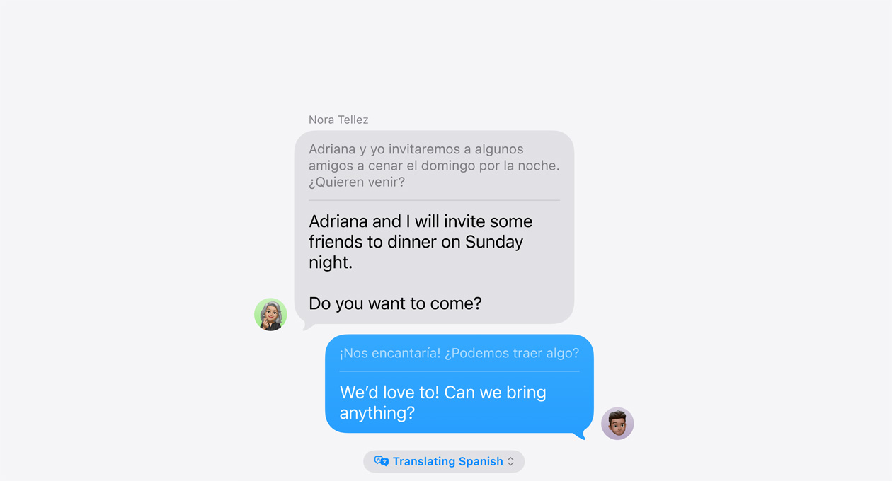 การแปลภาษาสดในแอปข้อความแสดงตัวอย่างของการแปลอัตโนมัติระหว่างภาษาสเปนและภาษาอังกฤษ