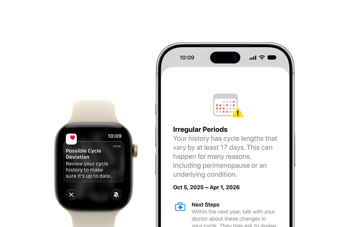 Health app Cycle Tracking update of Possible Cycle Deviation on Apple Watch Series 12 Sand Sport Strap with Aluminium Light Gold case and iPhone 18 Pro