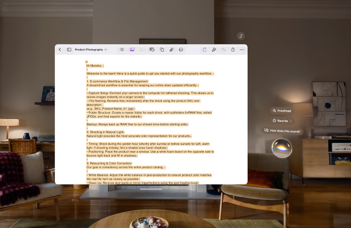 Apple Vision Pro view, a document regarding photography practices is open and Siri writing prompts hover to the side of it, prompts include Proofread, Rewrite and How does this sound?