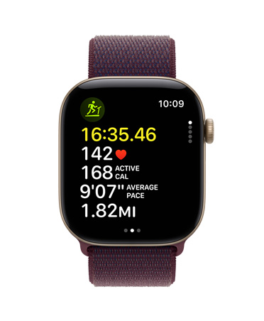 Apple Watch Series 12 com caixa dourada-clara de alumínio e pulseira bordô, exibindo métricas de treino, incluindo tempo, frequência cardíaca, calorias e distância