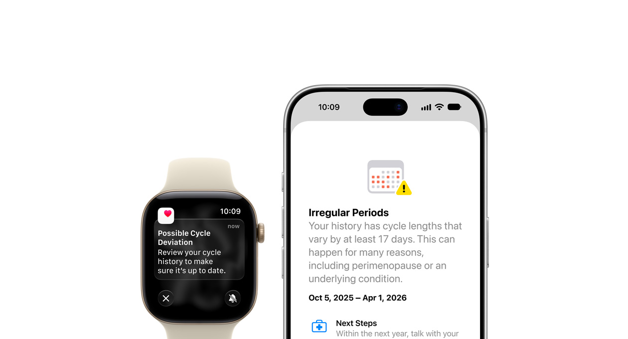 Health app Cycle Tracking update of Possible Cycle Deviation on Apple Watch Series 12 Sand Sport Strap with Aluminium Light Gold case and iPhone 18 Pro
