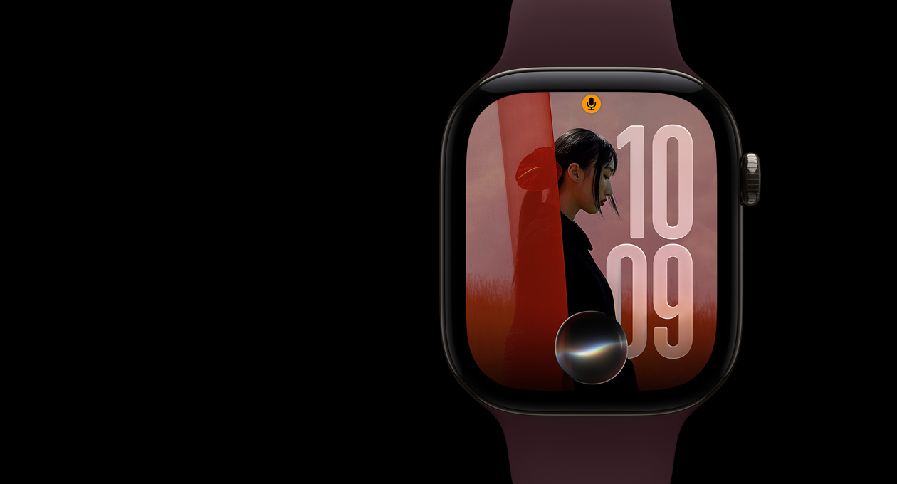 Apple Watch Series 12, Titanium Natural, screen showing Siri Orb glowing, with Liquid Glass time numerals behind it