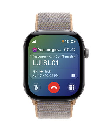 Apple Watch Series 12, Space Gray aluminum, bottom of screen shows an active phone call with airline customer service number, top of screen shows relevant flight information including confirmation number, departure and arrival locations, flight date and time