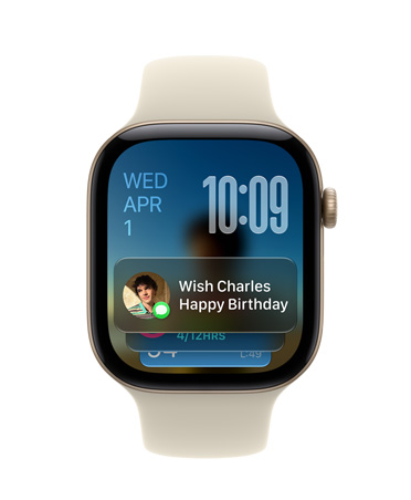Apple Watch Series 12, Sand Sport Strap with Aluminium Light Gold case face shows date at top left, time on top right and Messages widget at bottom