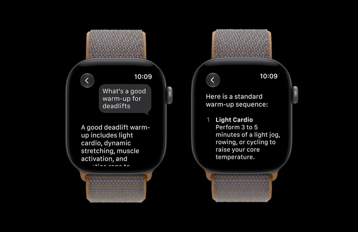 Apple Watch Series 12, Titanium Natural, showing a Siri AI conversation about training