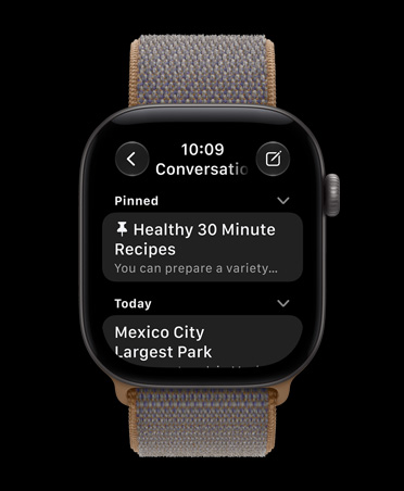 Apple Watch Series 12, Titanium Natural, screen showing a Siri AI app