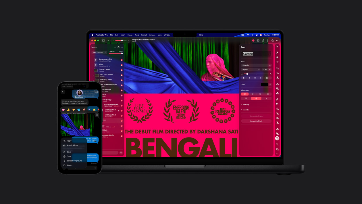 Pantalla de un iPhone 16 con la foto de una mujer con un velo rosa en la app Mensajes, reacciones de emoji, opciones de imagen, pantalla de una MacBook Pro de 14 pulgadas con la foto de una mujer con velo rosa, póster de una película, herramientas de edición a la izquierda y a la derecha