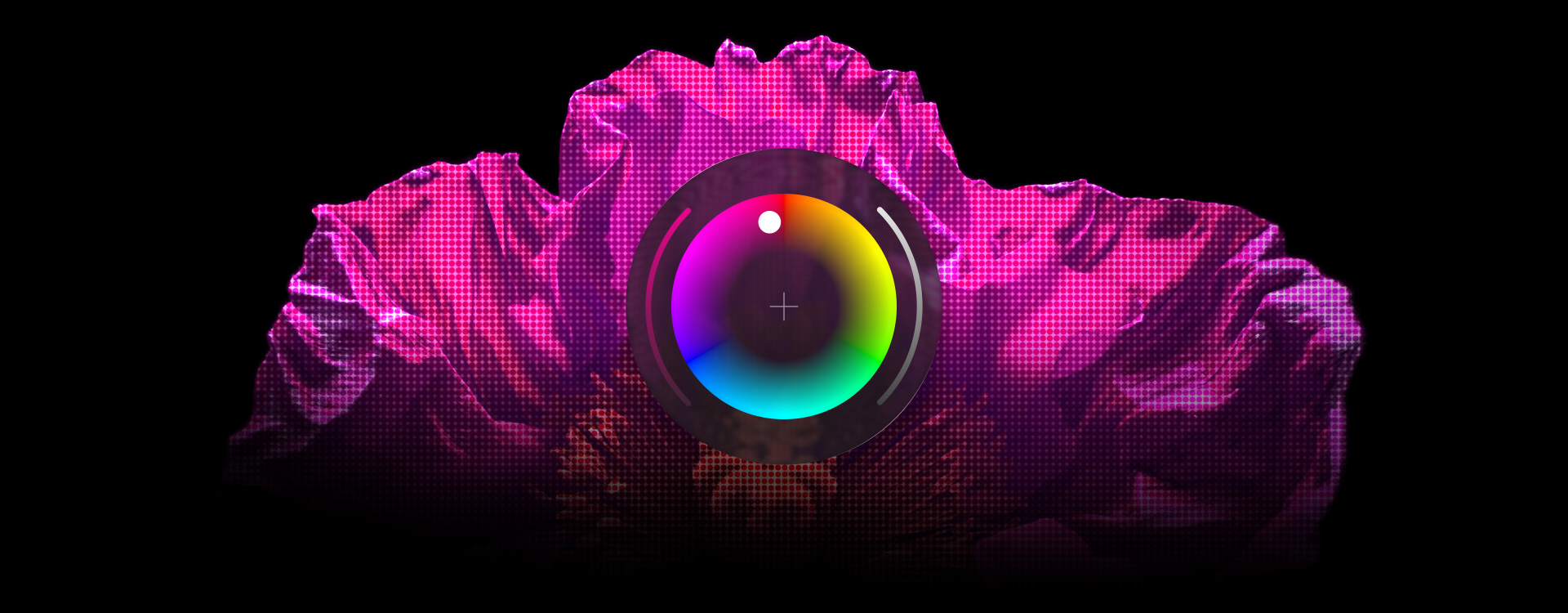 Objeto con textura color rosa, herramienta Selector de Color de Pixelmator Pro en el centro