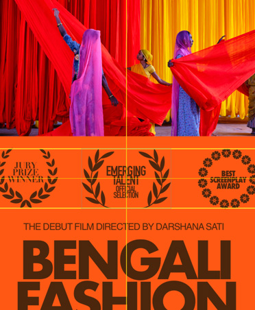 Póster de película en tonos naranja y negro de Bengali Fashion Documentary, con guías inteligentes horizontales y verticales en el centro de la imagen