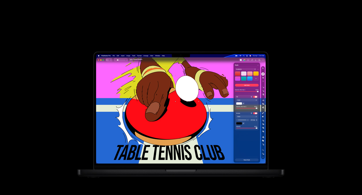 Pantalla de una MacBook Pro de 16 pulgadas, póster colorido de un club de tenis de mesa, herramientas de edición de color