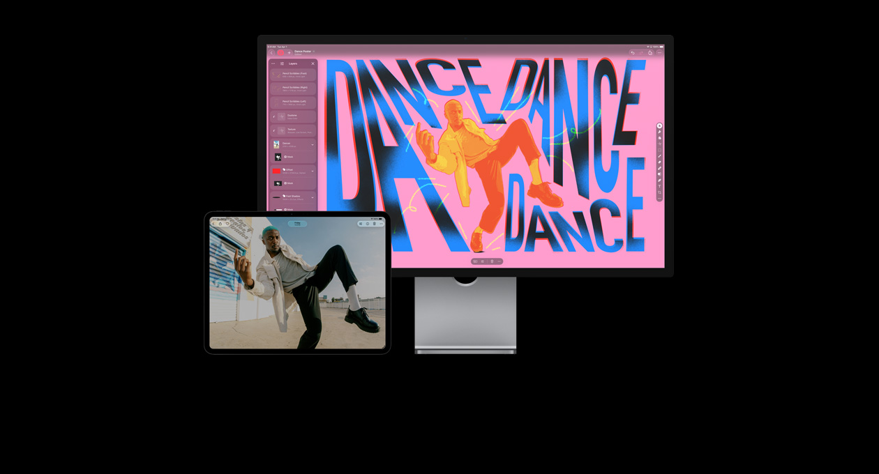 Pantalla de un iPad Pro de 13 pulgadas, foto de un hombre bailando, pantalla de una iMac con la misma foto pero retocada con color y texto