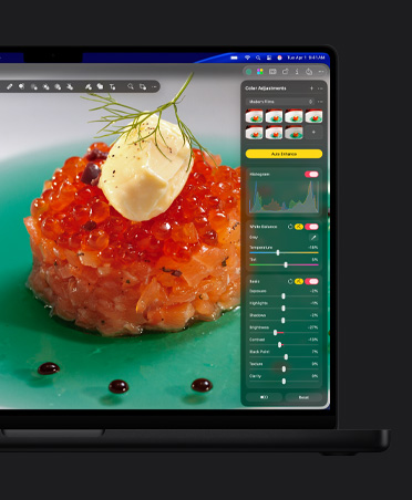 Pantalla de una MacBook Pro de 16 pulgadas, primer plano de caviar de salmón en un plato, herramienta de ajustes de color