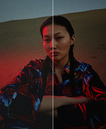 Foto dividida de una mujer al atardecer con dunas de fondo, herramienta de eliminación de ruido.