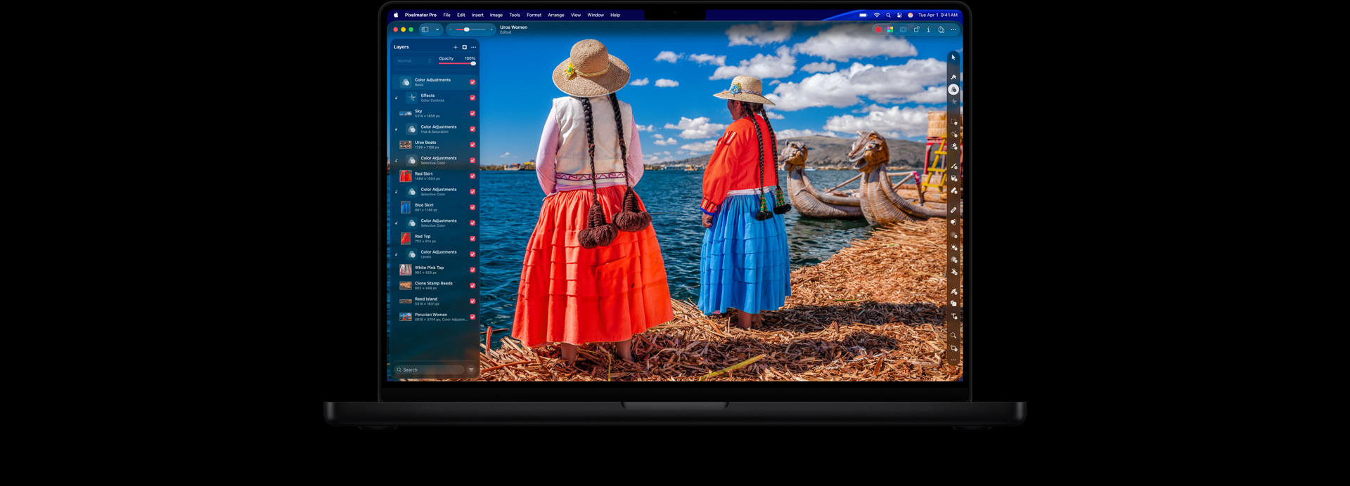 Pantalla de una MacBook Pro de 16 pulgadas, foto de dos mujeres con ropa colorida y brillante, herramientas de edición de colores