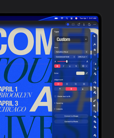 Pantalla de una MacBook Pro de 16 pulgadas, imagen del póster de Comedy Tour, herramienta para personalizar el texto