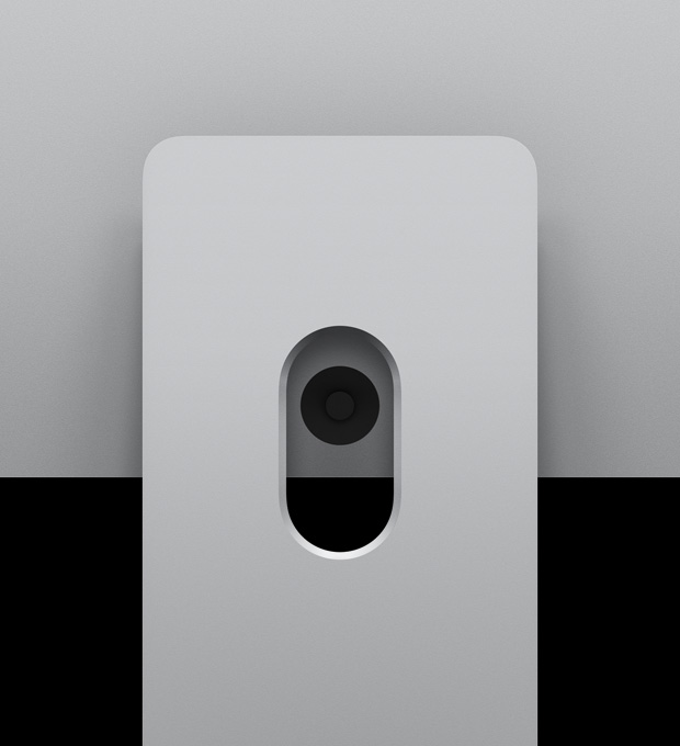 Studio Display XDR mounted on the tilt- and height-adjustable stand, shown from the rear to highlight the counterbalancing arm