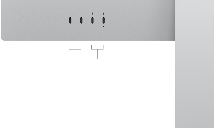 Imagem da parte de trás do Studio Display XDR, mostrando duas portas USB-C e duas portas Thunderbolt 5