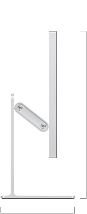 Imagem lateral do Studio Display XDR com base ajustável de inclinação e altura, mostrando a altura do monitor na posição mais baixa