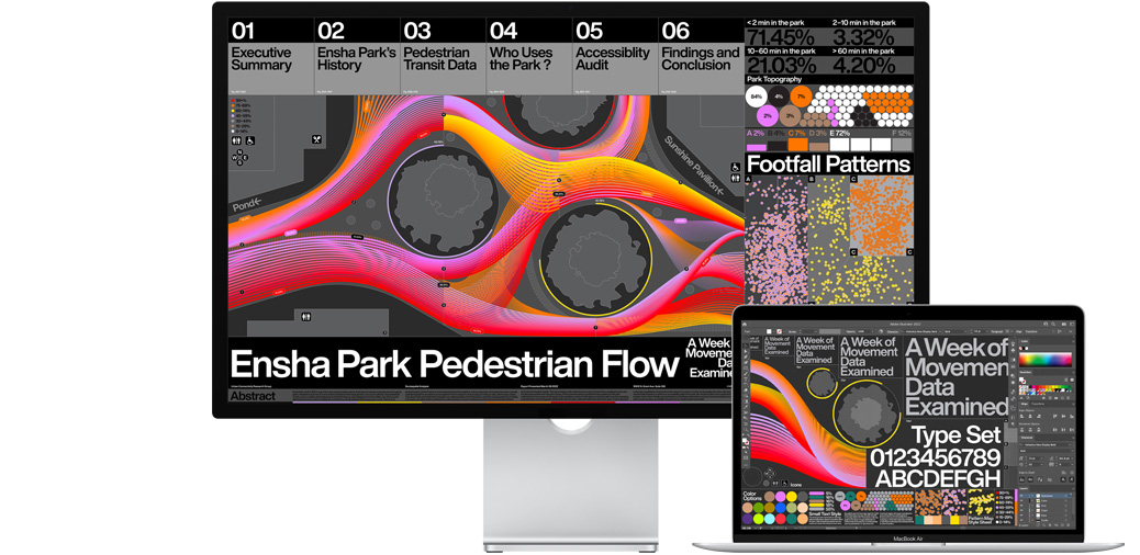 Ekranında Adobe Illustrator uygulamasındaki bir proje gösterilen Studio Display ve 13 inç MacBook Air.