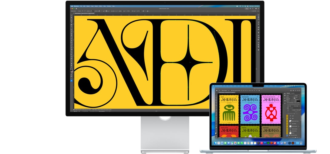 Studio Display와 Mac 노트북에서 여러 개의 Adobe 프로그램으로 프로젝트를 진행 중인 모습. Studio Display의 화면에는 풍부한 노란색 배경에 검은색 텍스트가 클로즈업되어 있고, 반사 방지 코팅이 눈부심을 줄여주는 모습이 보입니다.