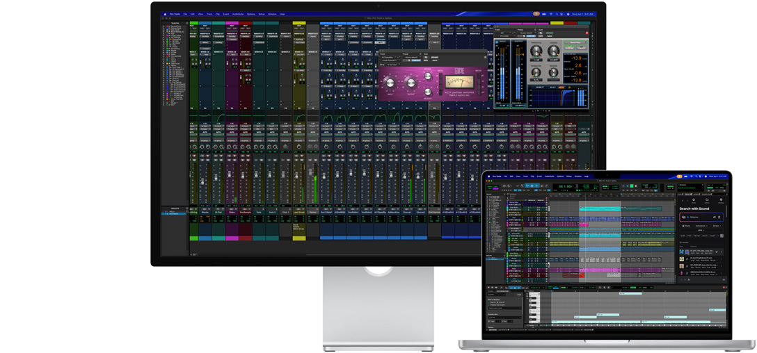 Studio Display와 Mac 노트북에 Splice가 통합된 Pro Tools 세션이 표시되어 있고, Nano-texture 글래스가 프로그램의 어두운 화면에서의 반사율을 낮춰주는 모습을 보여줍니다.